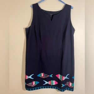 Talbots Navy Sleeveless Dress with Colorful Fish Embroidery